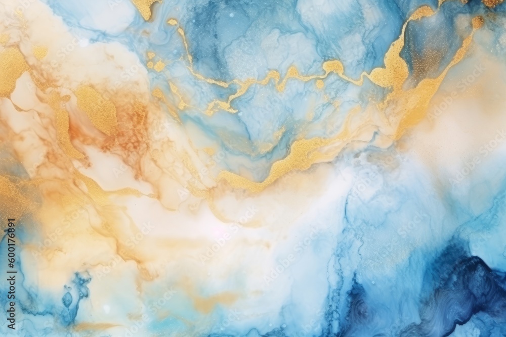 Abstract watercolor marble background, gradient color mix with white blue gold flow mixed trendy elegant. Generative Ai