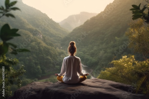 A young person meditating or doing yoga, surrounded by nature and peaceful scenery. Generative Ai