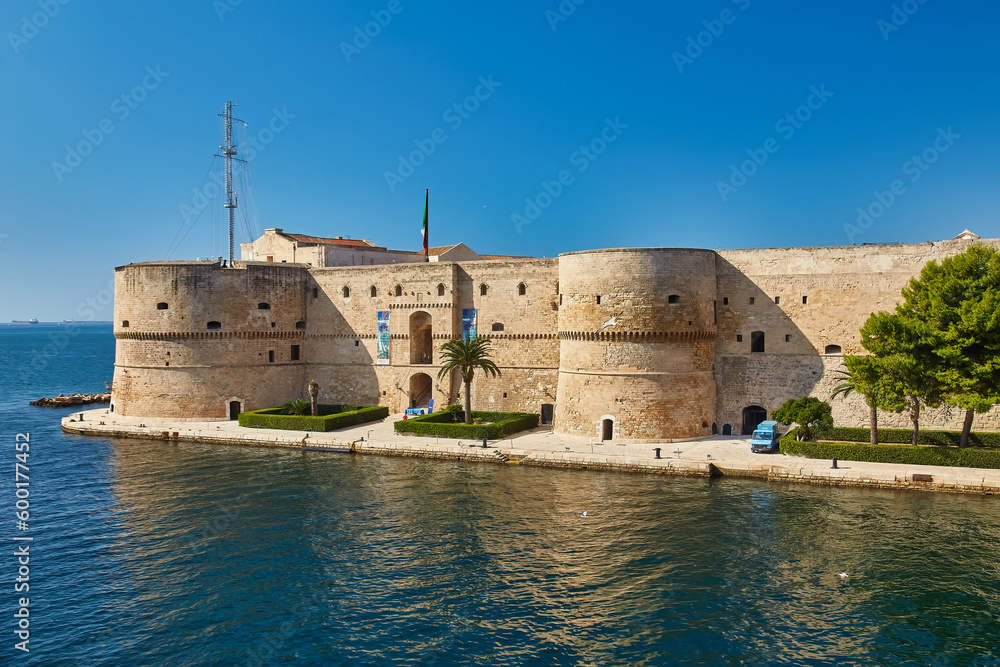 View at the Bastion and Wall of Aragon Catle at coast of Ionian Sea in Taranto