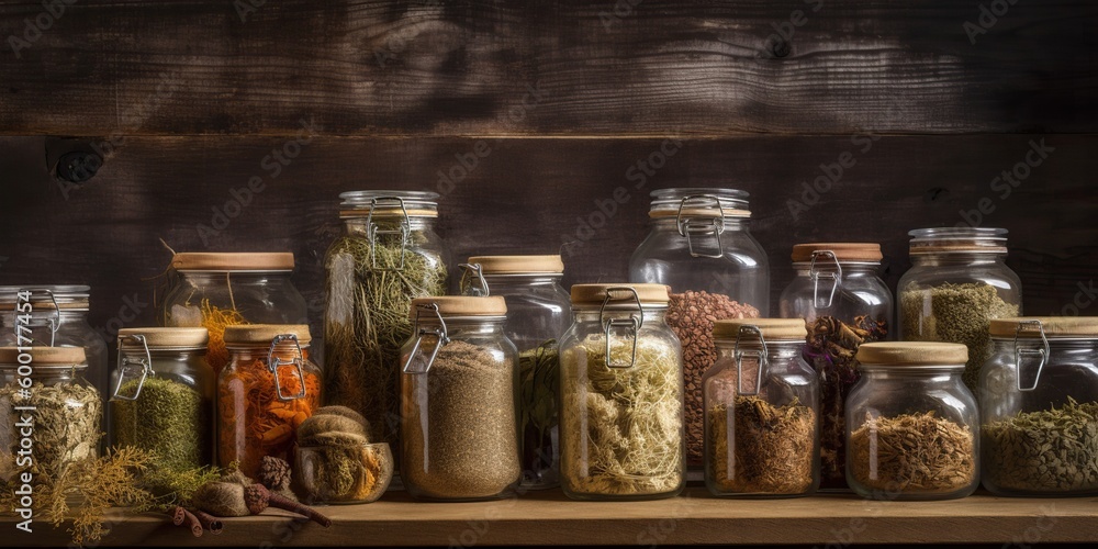 A collection of glass jars filled with dried herbs and spices, displayed against a rustic backdrop, concept of Organic Lifestyle, created with Generative AI technology A collection of glass jars filled with dried herbs and spices, displayed against a rustic backdrop, concept of Organic Lifestyle, created with Generative AI technology
