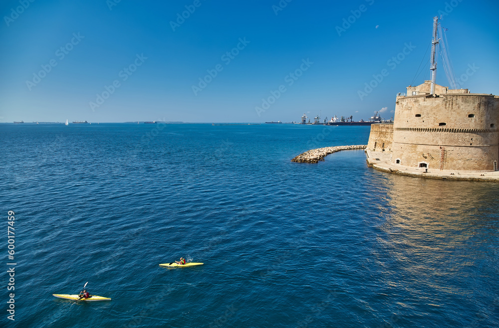 View at the Bastion and Wall of Aragon Catle at coast of Ionian Sea in Taranto