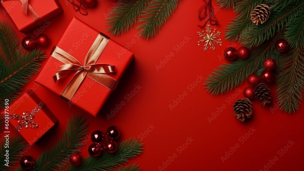 Christmas composition. Gifts, fir tree branches, red decorations on red background. Christmas, winter, new year concept. Flat lay, top view. AI Generative.