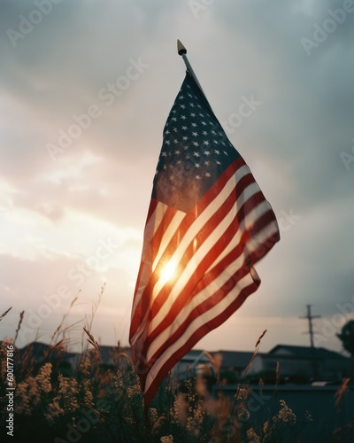 USA flag waving at sunset on Independence Day. AI generative.