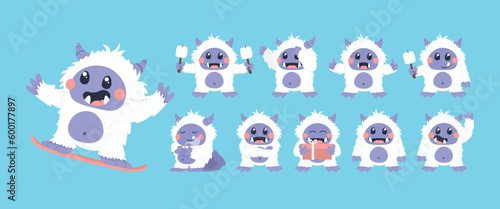 Yeti Character Set Vector Illustrations. Happy Yeti Character Collections.