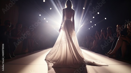 Model walks runway modeling fashions clothes by modern designer, back spotlights beams lighting, glamour fashion show demonstrate new fashion trends by female supermodel on catwalk, generative AI