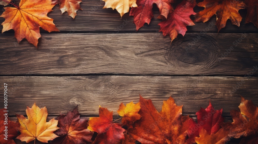 Autumn leaves scattered on a rustic wooden surface, generative ai Autumn leaves scattered on a rustic wooden surface, generative ai