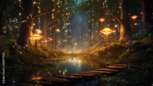 An enchanted forest scene with glowing, magical lights, generative ai