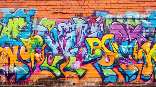 Close-up of colorful graffiti tags on a brick wall, generative ai