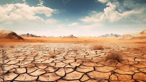 Cracked desert ground with an arid, barren landscape, generative ai