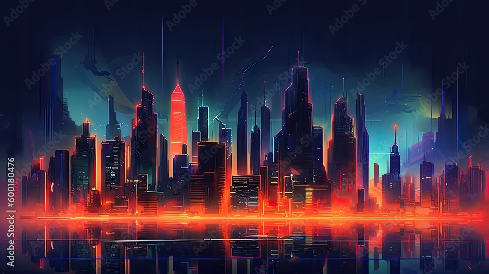 Futuristic city skyline with glowing neon lights,  generative ai