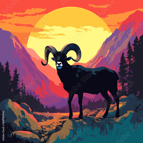 Black silhouette of a ram with big horns in the mountains against a forest on a colorful background.