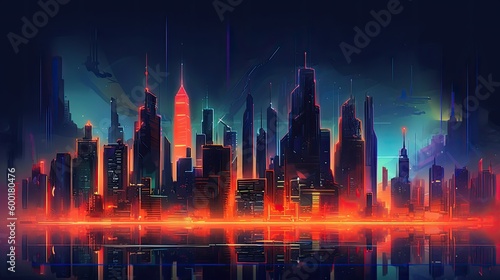 Futuristic city skyline with glowing neon lights, generative ai