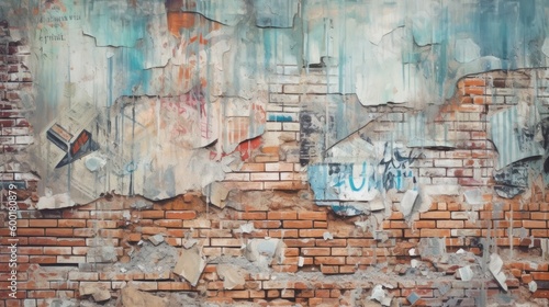 Grunge brick wall with layers of torn street posters  generative ai