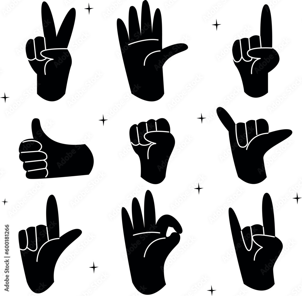 Fototapeta premium Hands are posing. Female hand gestures holding and pointing, crossed fingers, fist, peace and thumb up. Cartoon human palm and wrist vector set. Chat or chat with emoji for messengers