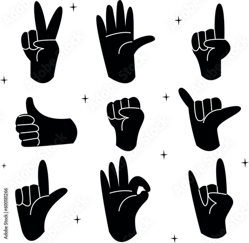 Hands are posing. Female hand gestures holding and pointing, crossed fingers, fist, peace and thumb up. Cartoon human palm and wrist vector set. Chat or chat with emoji for messengers