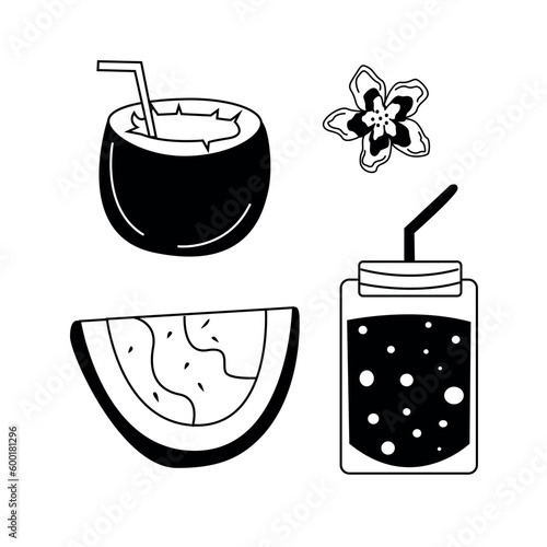 set of illustrations. black and white set of illustrations. dragon fruit, starfish, drinks, watermelon. no summer icons. summer holiday banner rubbed. postern