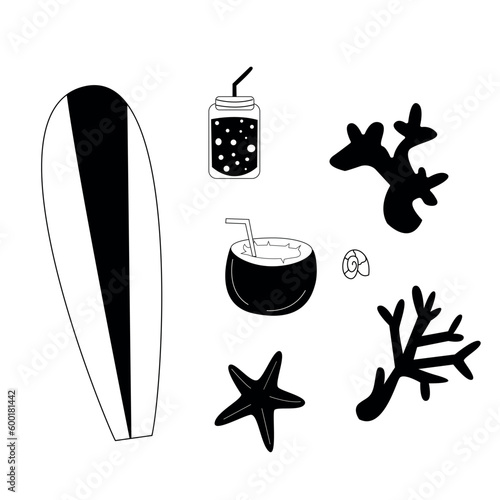 set of illustrations. black and white set of illustrations. dragon fruit, starfish, drinks, watermelon. no summer icons. summer holiday banner rubbed. postern