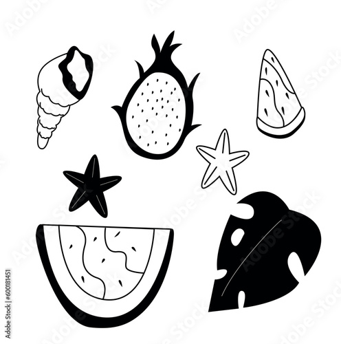set of illustrations. black and white set of illustrations. dragon fruit, starfish, drinks, watermelon. no summer icons. summer holiday banner rubbed. postern