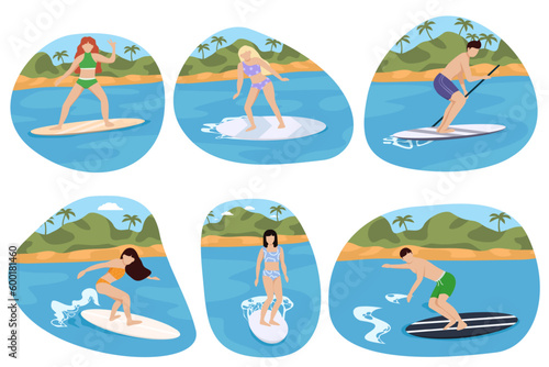 Surfers characters. People on boards dissect sea and ocean waves, beach sport, extreme athletes. Collection of cute funny people in swimwear surfing in sea or ocean. © SERHII