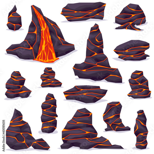 Volcano ground rock stone with lava in cracks. Lava rock with crack. Vector illustration set EPS10.