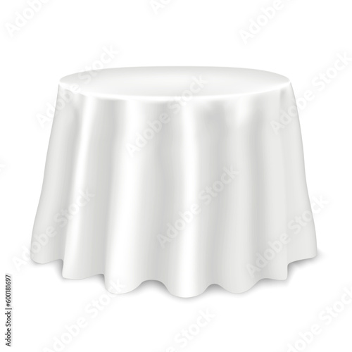 Round table covered with blank tablecloth isolated on white background realistic vector mock-up. Template for design
