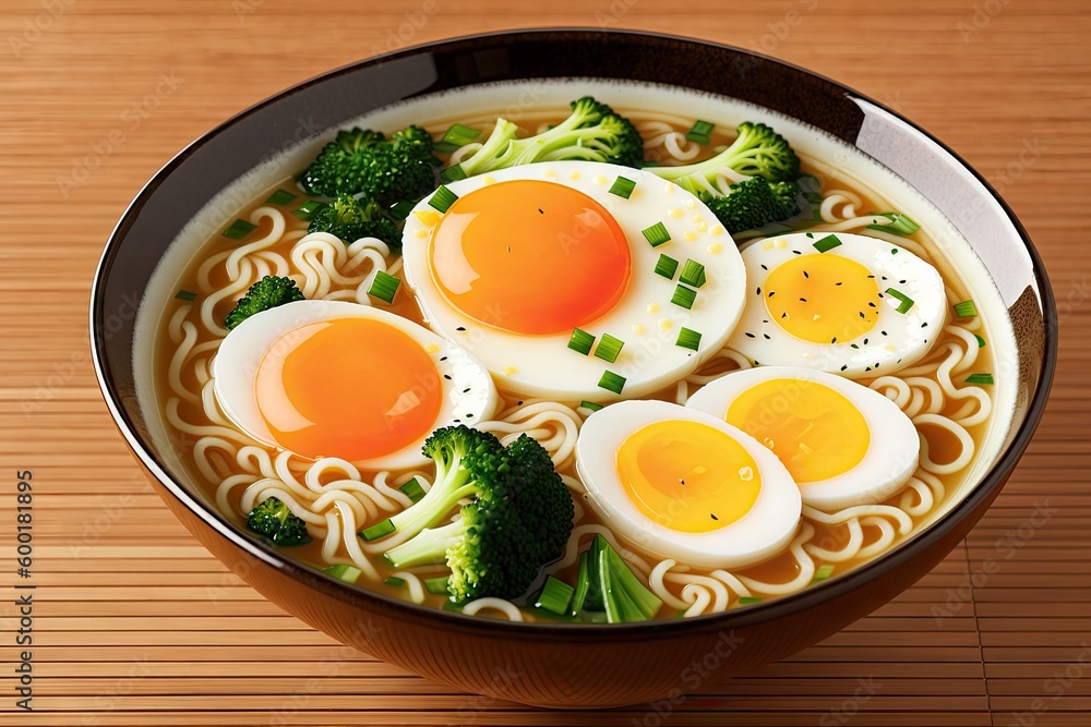 Ramen noodles with shrimp, broccoli, spinach and boiled egg, generative ai. Delicious asian style lunch Ramen noodles with shrimp, broccoli, spinach and boiled egg, generative ai. Delicious asian style lunch