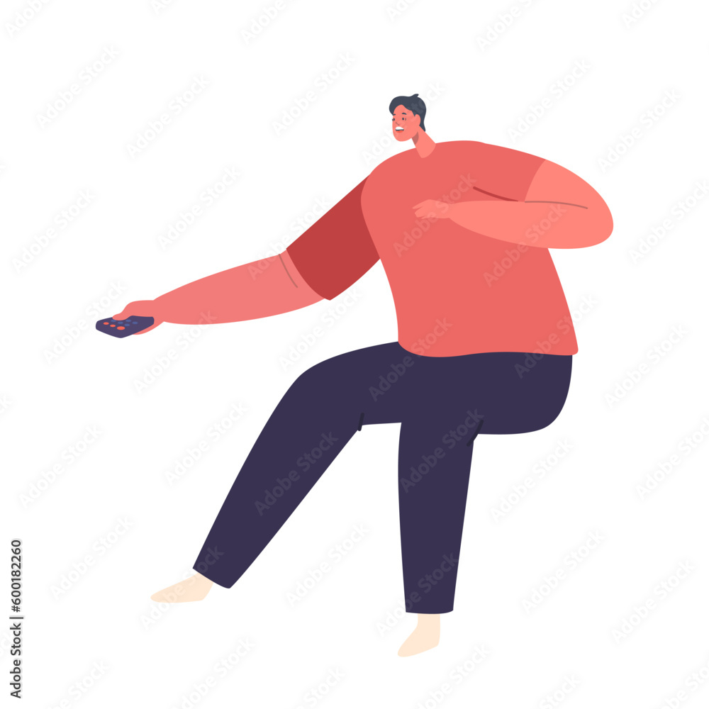 Male Character Controls Tv With Remote. Man Browses Channels, Adjusts Volume, And Searches For Content Male Character Controls Tv With Remote. Man Browses Channels, Adjusts Volume, And Searches For Content