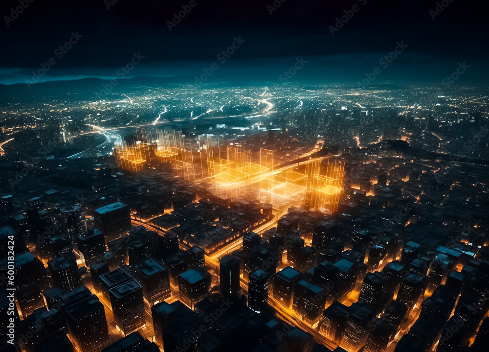 A mesmerizing aerial view of a futuristic cyborg city at night, with a stunning display of bright lights and high-tech architecture that will transport to a new realm of imagination. generative AI.