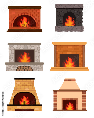 Fireplace color flat icons set. Fireplaces and hearths design elements set. Collection of various fireplaces. Home fireplace collection