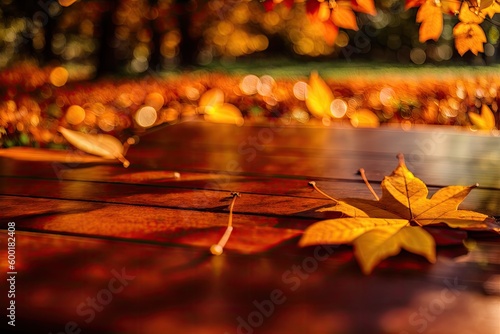 Wooden table surface at autumn fall forest. Beautiful sunny autumn day. Perfect seasonal display template, generative ai photo