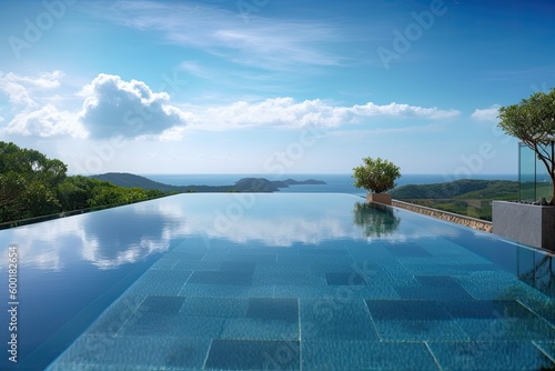 Luxurious infinity pool  featuring an edge that seems to merge with the horizon  offering a stunning view and a sense of infinite relaxation - Generative AI