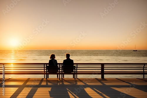 Young couple sitting on the pier by the lake during sunset. A man and a woman, embracing, look at the sun, generative ai