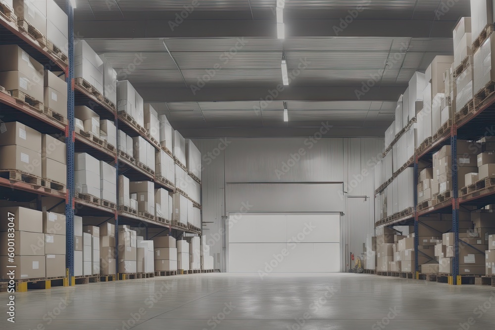 a large truck driving through a warehouse filled with boxes, generative ai