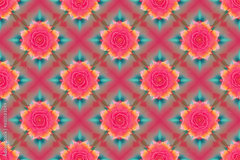 a large group of pink and yellow roses psychedelic fractal pattern, generative ai