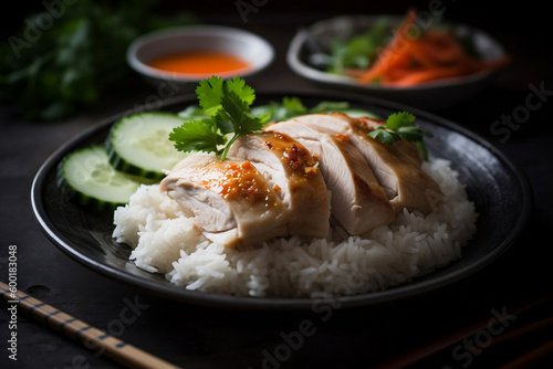 Hainanese chicken rice, Steamed chicken with rice, Khao Mun Kai with sauce, Asian food style, Generative AI