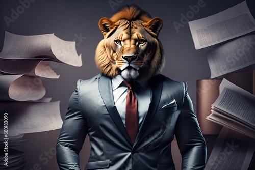 Angry boss concept with lion in the suit in a suit and tie is surrounded by papers, generative ai
