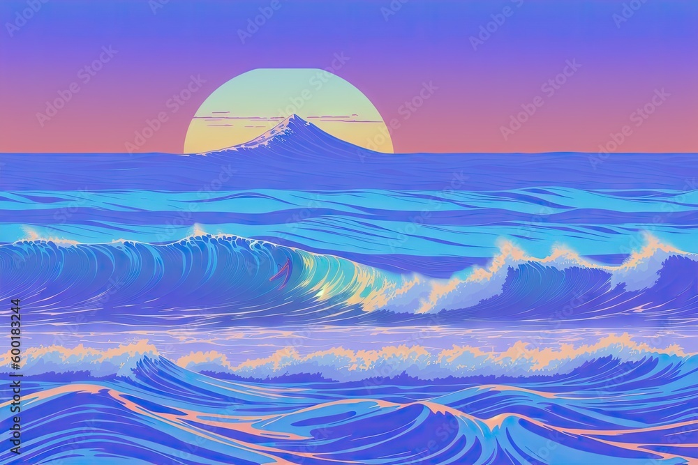 a painting of an ocean wave with mountains in the background, generative ai