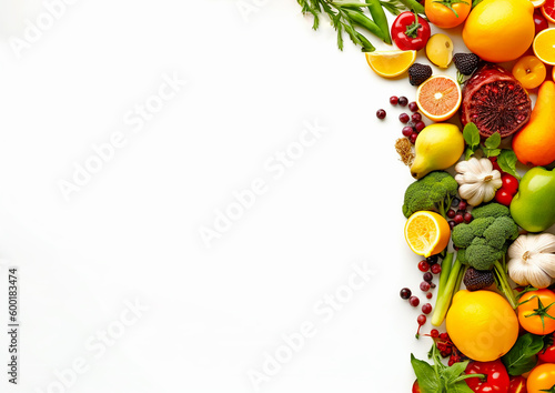 Healthy fruits and herbs decoration setting on white  background and copy space for text. Generative AI