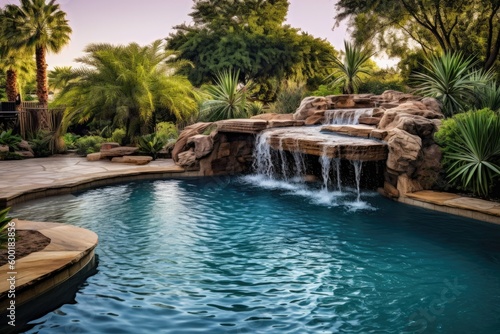 Backyard pool oasis waterfall  featuring lush landscaping  a waterfall  and a slide  creating a serene and refreshing escape from the summer heat - Generative AI