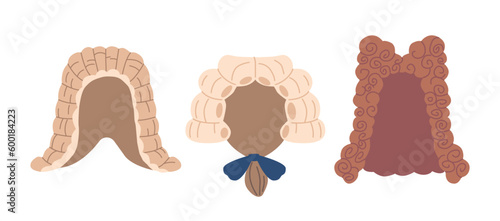 Rococo Wigs, Voluminous Male Hairstyles Adorned With Bows Or Curls. Popular In The 18th Century, Vector Illustration
