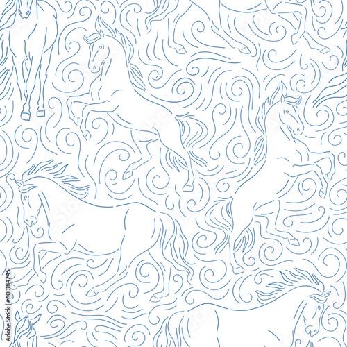 Blue ink wild horse vector seamless pattern. Animalistic elegant background. Linear sketchy style backdrop.