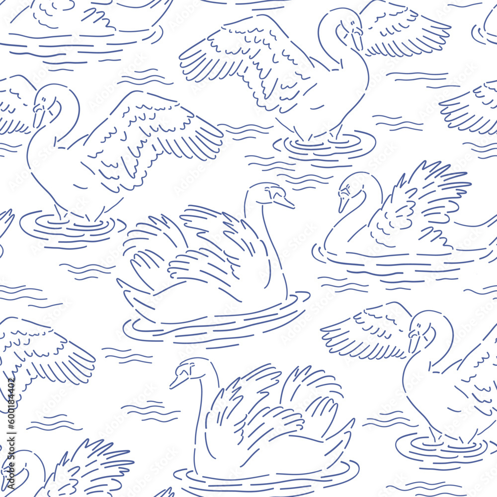 Hand drawn swan on lake vector seamless pattern. Blue ink linear sketch bird background. Romantic surface design for wedding design, textile, fashion, card making Hand drawn swan on lake vector seamless pattern. Blue ink linear sketch bird background. Romantic surface design for wedding design, textile, fashion, card making