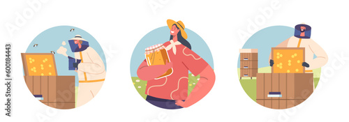 Isolated Round Icons Or Avatars With Apiarist Male And Female Characters Holding Frames And Glass Jar With Fresh Honey