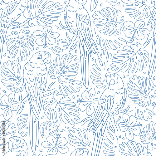 Blue ink tropical parrot monstera leaf vector seamless pattern. Ara macaws paradise bird background. Linear sketchy style backdrop.