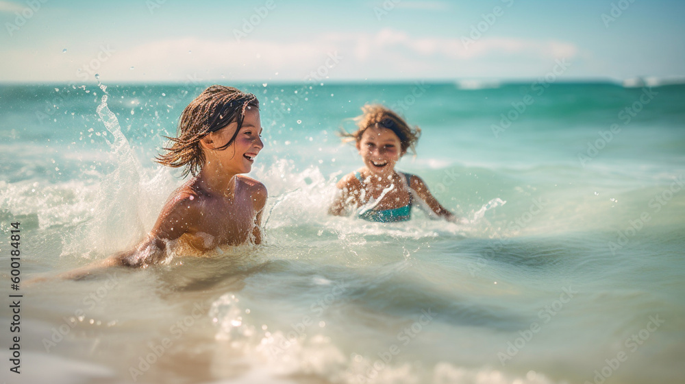 summer holiday with children boy and girl having fun playing in the sea create fun and happy scene for your summer holiday themes concept for your design projects