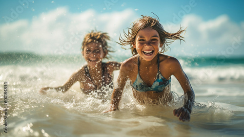 summer holiday with children boy and girl having fun playing in the sea create fun and happy scene for your summer holiday themes concept for your design projects © IMAGINIST