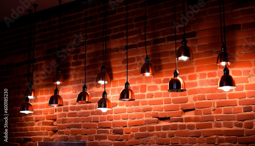 background of burning light bulbs on a brick wall background. High quality Generative AI