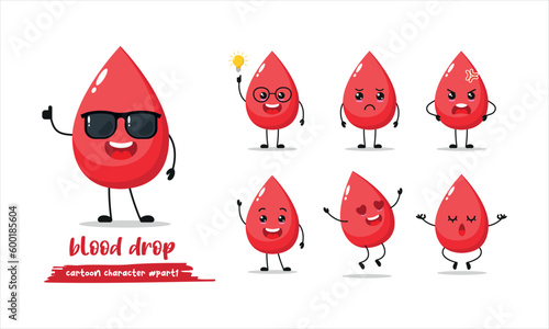 cute blood drop cartoon with many expressions. blood drop wear sunglasses different activity vector illustration flat design.	