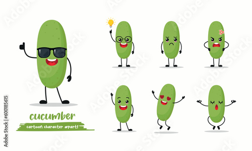 funny cucumber with different activity face expression. vegetable with many emotion vector illustration flat design.
