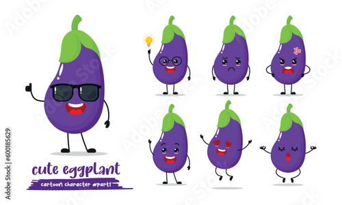different activity face expression of eggplant emotion. vegetable with many activity vector illustration flat design.
